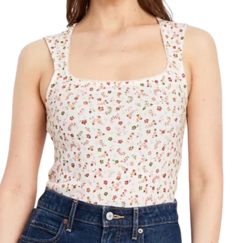 Old Navy Ditsy Floral Tank Top Blouse Shirt Trapeze Neck Rib Knit Cream S